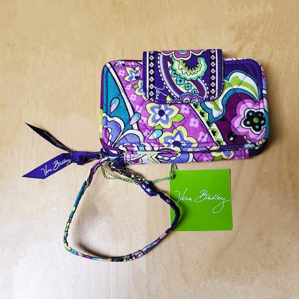 Vera Bradley Wristlet Snap Wallet Heather Purple Green White Paisley Quilted Fabric VINTAGE Pattern Coin Purse Credit Card Compartments NEW