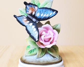 Lefton Butterfly and Pink Rose Figurine, VINTAGE Vtg Hand-painted Bisque Porcelain Sculpture Statue KW2317A JAPAN 4" tall