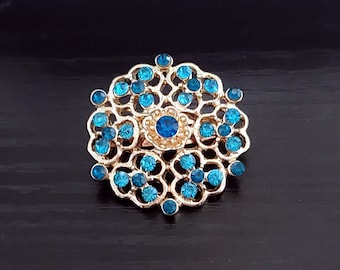 Aqua Blue Rhinestones Hexagon Cluster Pin Brooch Goldtone 1 1/8" Bling VINTAGE Ornate Turquoise Aqua Wedding Bridal Sparkling