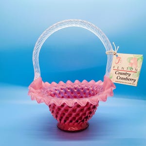 Fenton Country Cranberry Hobnail Glass Basket NEW With TAG Opalescent Ruffled Vintage Vtg Signed QVC Limited Edition 8 inch tall