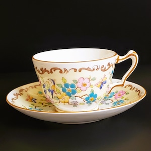 Crown Staffordshire Cup and Saucer Set Flowers Birds Butterflies Bone China VINTAGE Vtg England Teacup Floral Fancy Teacup