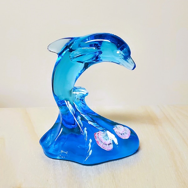 Lenox by Fenton Dolphin Aqua Blue Art Glass Paperweight Sculpture Figurine Aquatic Ocean Sea Hand Painted Seashells Signed 4 inch tall