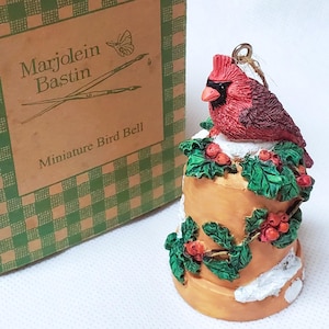 Marjolein Bastin Red Cardinal Small Bell Ornament NEW IN BOX Resin Bird Vintage Vtg Holly Berries Snow Holiday Christmas Miniature 2 3/4&quot;