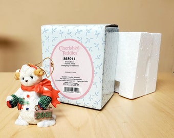 Cherished Teddies White Snowbear Hanging Ornament Vintage NEW IN BOX 865044 Enesco 2001 Resin Bear Festive Holiday Winter Christmas 2001