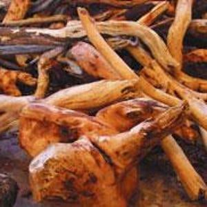 May include: A pile of driftwood with various sizes and shapes. The wood is a reddish-brown color and has a rough texture.
