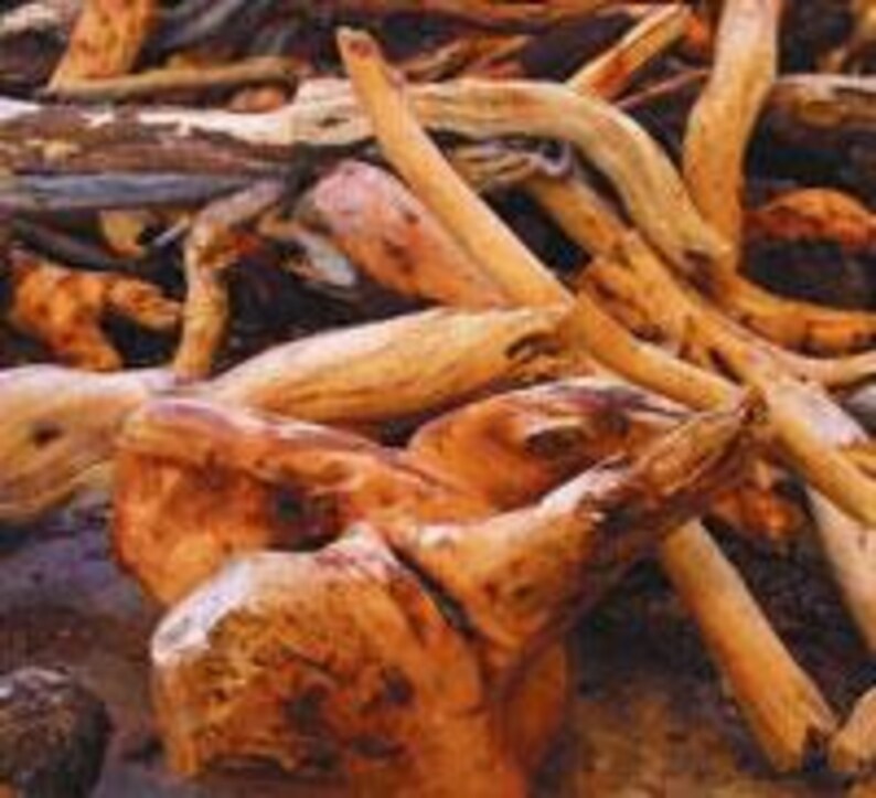 May include: A pile of driftwood with various sizes and shapes. The wood is a reddish-brown color and has a rough texture.