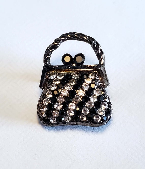 Purse Pocketbook Small Pin Brooch Rhinestones Black and Crystal 1