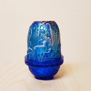 Fenton Nativity Fairy Light Carnival Blue Cobalt Iridescent Glass Tealight Candle Holder ARTIST SIGNED Vintage Christian Faith 4 1/2&quot; RARE