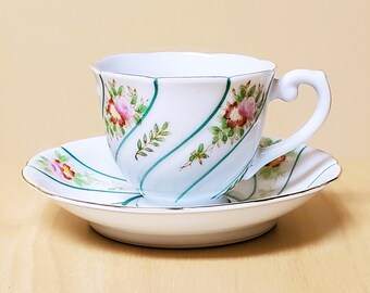 Occupied Japan Demitasse Small Cup and Saucer Floral Leaves with Gold Trim VINTAGE Vtg Fine China Pink Green Teal White