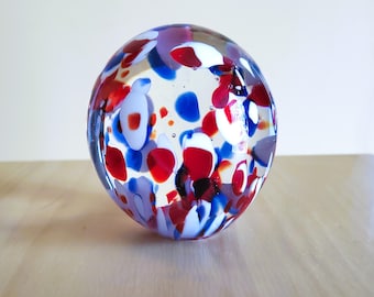 Murano Style Glass Confetti Paperweight, Round Figurine VINTAGE Vtg Red White Blue 3 1/4" tall READ