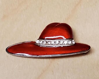 Red Society Hat Pin Brooch Enamel Rhinestones Goldtone 1" high x 2 1/4" wide VINTAGE Fancy Lovely Elegant Costume Jewelry