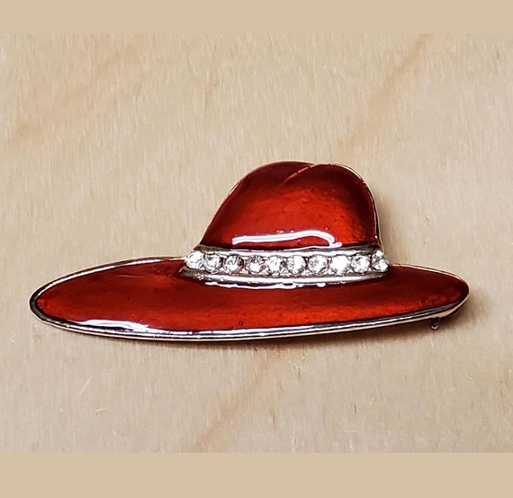 Red Society Hat Pin Brooch Enamel Rhinestones Gol… - image 1