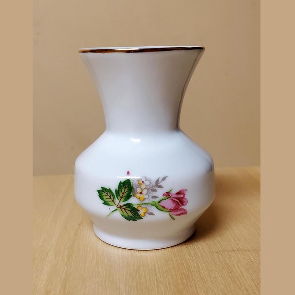 Leart Bud Vase Small Mini White with Colorful Flowers Floral Fine Porcelain MADE IN BRAZIL Vintage  Miniature Flowers Decorative Gold Trim