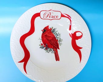 Lenox Red Cardinal Peace Carved Accent Plate, Winter Greetings Dish Bird NEW WITH TAG 9 1/2" Christmas Holiday Table Decor