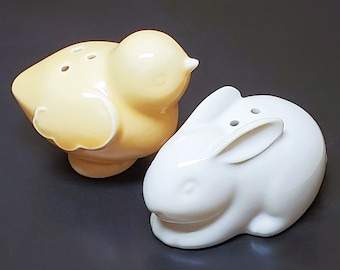 Hallmark Bunny and Chick Salt and Pepper Small Shakers NEW IN BOX Ceramic White Yellow Bird Rabbit Gift Spring Easter Tableware Hostess