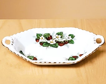 Hammersley Strawberry Ripe Dish 2 Handled Gold Trim VINTAGE Vtg ENGLAND Fine Bone China Strawberries Floral Trinket Bon Bon Tidbit Nut 8"