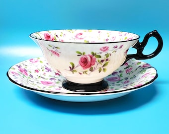 Royal Chelsea Rose Chinz Cup and Saucer Set, Pink Roses Black Bone China VINTAGE Vtg England Floral Footed Teacup