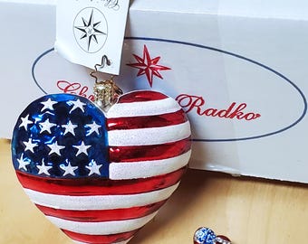 Christopher Radko Ornament with Pin Brave Heart, NEW IN BOX American Flag Lapel Tie Tack Brooch Vintage Vtg U.S.A. Celebration July 4th