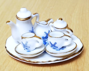 Delft Blue Miniature Windmill Tea Set, VINTAGE Porcelain Dollhouse Tiny Teapot Teacups Creamer Sugar Tray Gold Trim 10 pieces