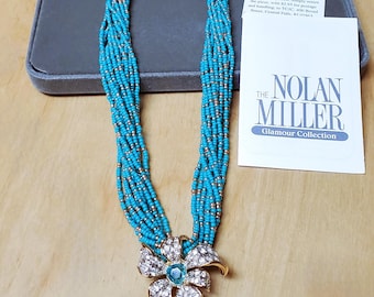 Nolan Miller Blooming Blue Necklace, NEW IN BOX Slide Pendant Turquoise Multistrand Beaded Goldtone Crystal Vintage Vtg Gift 16-17" Jewelry