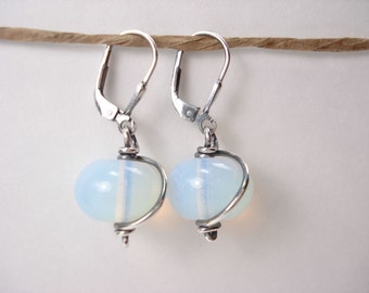 Opalite Glass, Sterling Silver Earring, Translucent Stone, Dangle Earring