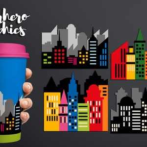 Superhero clipart Skyline City buildings block clip art Skyscraper Superhero city scene background clipart Digital download image 1