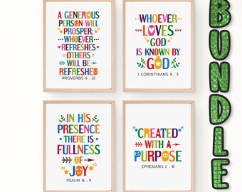 Bible verses wall art bundle. Proverbs 11:25, 1 Corinthians 8 3, Psalm 16 11, Ephesians 2 10. Printable Church decor. Set of 4