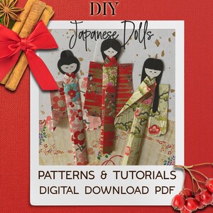 May include: DIY Japanese Dolls pattern and tutorial digital download PDF. Three paper dolls in traditional Japanese clothing with floral patterns. The dolls are on a background with a floral pattern.