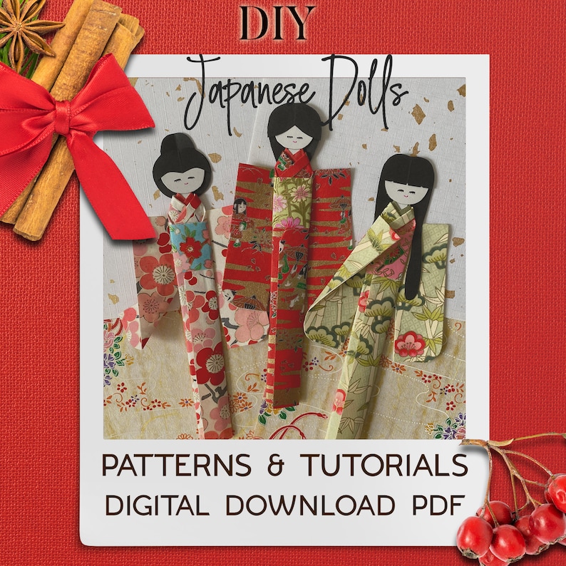 May include: DIY Japanese Dolls pattern and tutorial digital download PDF. Three paper dolls in traditional Japanese clothing with floral patterns. The dolls are on a background with a floral pattern.