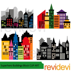 Superhero clipart Skyline City buildings block clip art Skyscraper Superhero city scene background clipart Digital download image 2
