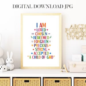 Back to school 2025 Christian affirmation poster. Printable wall art. I am loved, chosen, redeemed, forgiven, precious, a child of God