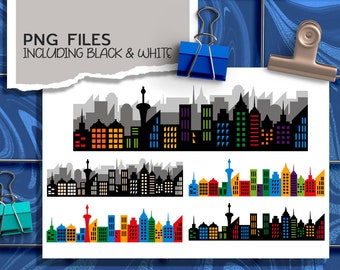 Superhero city buildings background clipart - long skyline digital images - Colorful skyline - PNG files