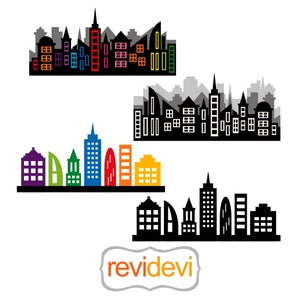 Skyline city clip art. Long block superhero city buildings clip art