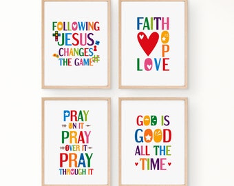 Printable kids wall art bundle. Christian sayings, Bible verses posters, Set of 4. Pray, Faith, Following Jesus, God is good