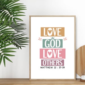 Bible verse poster. Love God love others. Matthew 22:37-39. Printable Wall Art for kids room decor. Boho design image 2