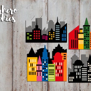 Superhero clipart Skyline City buildings block clip art Skyscraper Superhero city scene background clipart Digital download image 4