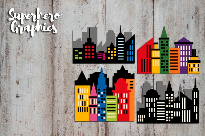 Superhero clipart Skyline City buildings block clip art Skyscraper Superhero city scene background clipart Digital download image 4