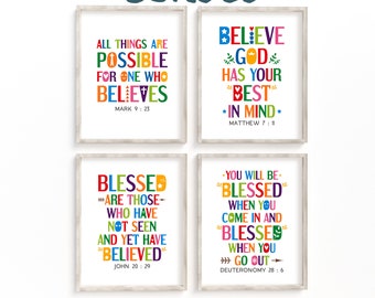 Bible verses wall art bundle. Mark 9:23, Matthew 7 11, John 20 29, Deuteronomy 28 6. Set of 4 Printable. Blessed and Believe