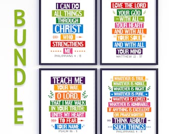 Bible quotes wall art bundle. Philippians 4 13, 4 8, Matthew 22 37, Psalm 86 11. Set of 4. Kids bedroom Rainbow colors posters