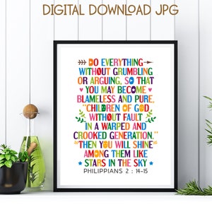 Do everything without grumbling or arguing. Bible quote poster. Printable scripture wall art, Philippians 2:14-15. Digital download