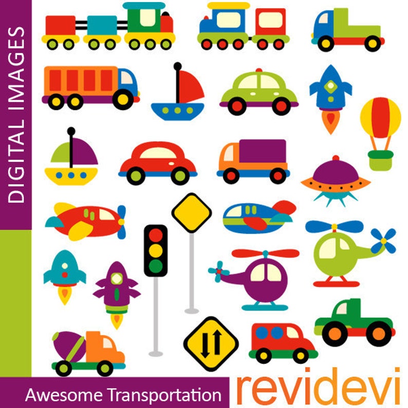 Transportation clip art. Cars, boats, planes, helicopters, rockets, traffic signs digital graphics image 2