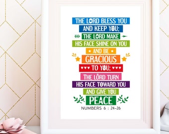 Bible verse wall art. The Lord bless you and keep you, the make His face shine on you. Numbers 6:24-26. Printable scripture, Church poster