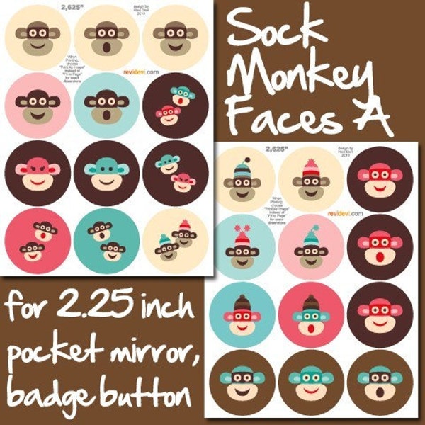 SOCK MONKEY FACES A 18004 - PDF printable large round - for 2.25 inch size pocket mirror, pinback button, badge, magnet - Digital collage sheets - 24 unique images - Kawaii cute fun design