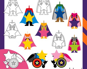 Inclusion Superhero body clipart. Back to school digital images. Diversity kids with stars. Standing and in wheelchairs