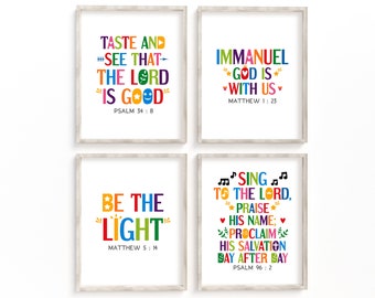 Bible verses wall art bundle.  Matthew 5:14, Psalm 96 2, Matthew 1 23, Psalm 34 8. Set of 4 Printable for Sunday school decor