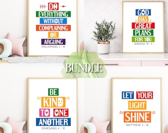 Bible quotes wall art bundle. Jeremiah 29:11, Philippians 2 14, Ephesians 4 32, Matthe 5 16. Kids bedroom Rainbow colors posters