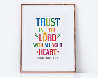 Bible quote poster. Trust in the Lord with all your heart. Proverbs 3:5. Digital download Christian sayings wall art
