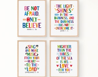 Bible verses wall art bundle. Mark 5:36, John 1 5, Ephesians 5 19, Psalm 93 4. Set of 4 Printable for kids bedroom decor