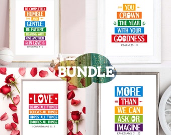 Bible quotes wall art bundle. Set of 4. Kids Rainbow colors posters. Ephesians 4:2, Psalm 65 11, 1 Corinthians 13 7, Ephesians 3 20