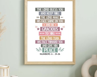 Bible quote poster. The Lord bless you and keep you, Numbers 6:24-26. Printable Church Sunday school wall art. Boho design